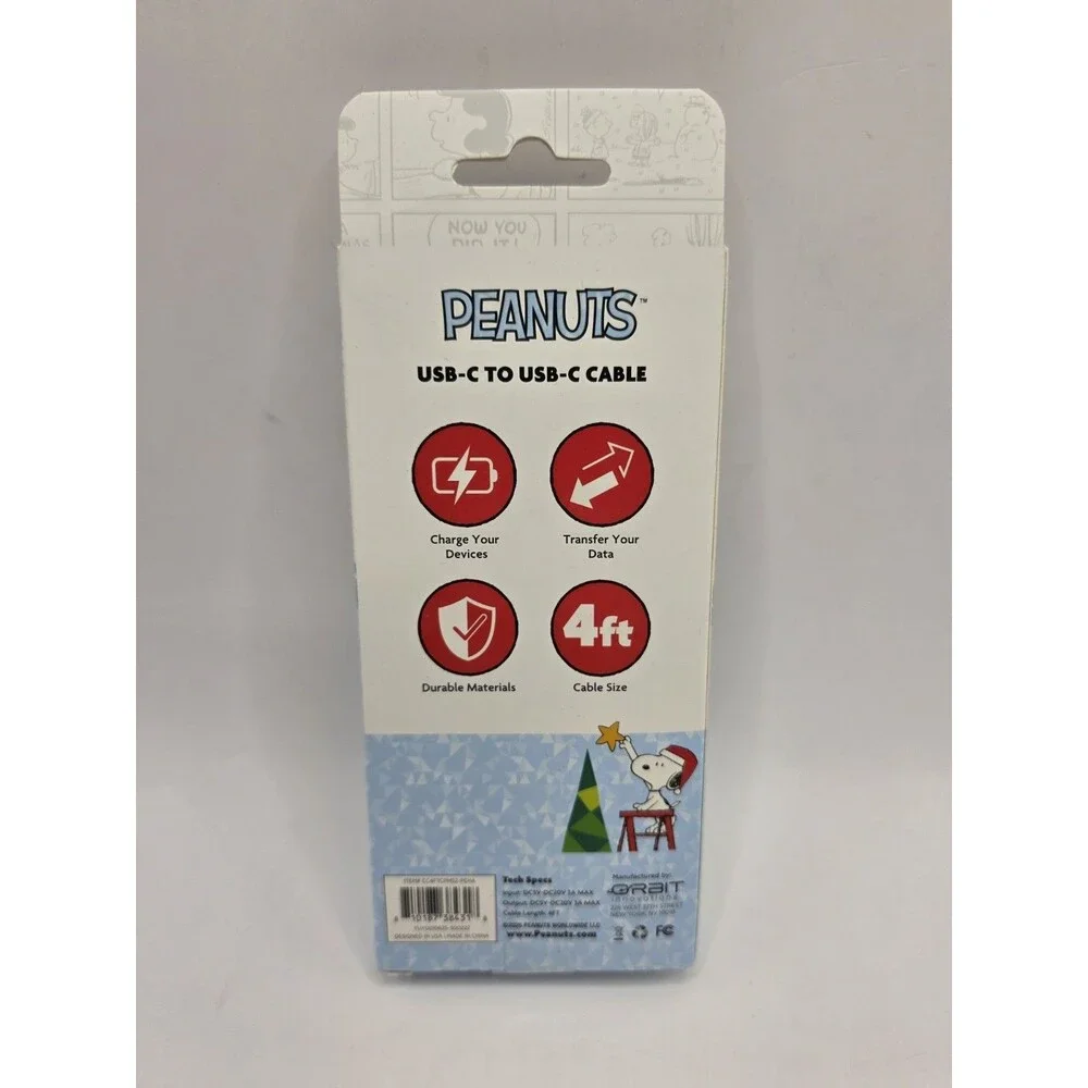 Peanuts Snoopy Skate Christmas Tree USB-C to USB-C Cable 4ft Charging Data NEW